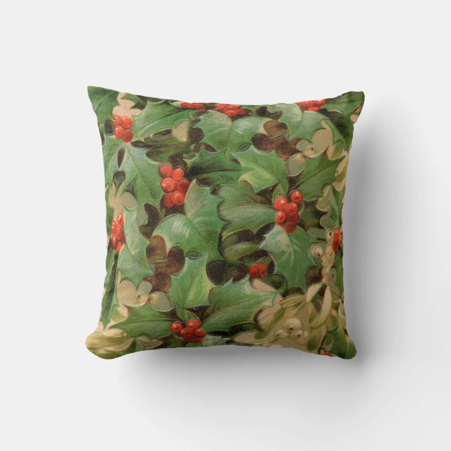 Holly Berry Greenery Christmas Holiday Vintage Throw Pillow (Front)