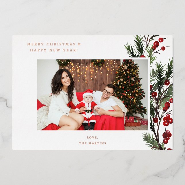 Holly Berry H Photo Holiday or Christmas Foil Invitation (Front)