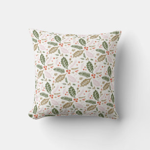 Holly Berry Hand Drawn Colorful Holiday Pattern Throw Pillow
