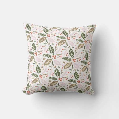 Holly Berry Hand Drawn Colorful Holiday Pattern Throw Pillow