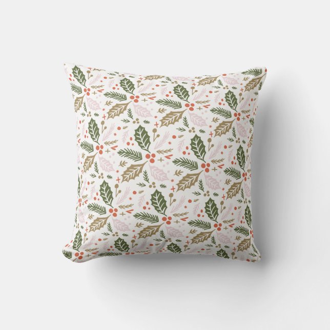 Holly Berry Hand Drawn Colorful Holiday Pattern Throw Pillow (Front)