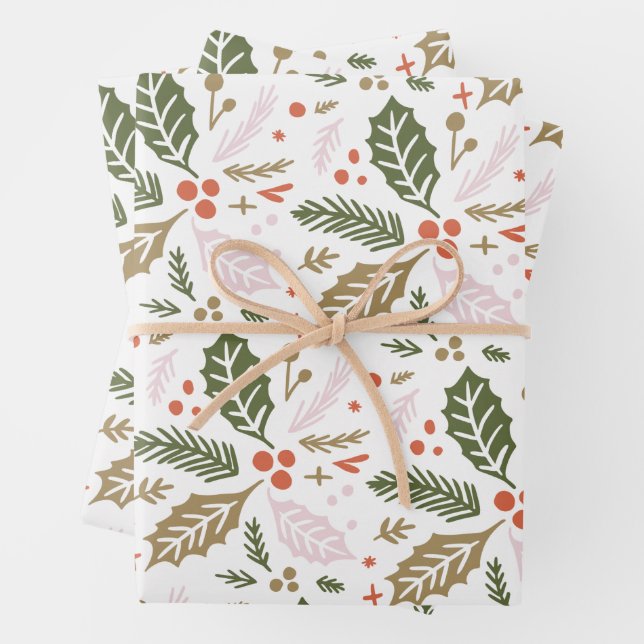 Holly Berry Hand Drawn Colorful Holiday Pattern Wrapping Paper Sheets (In situ)