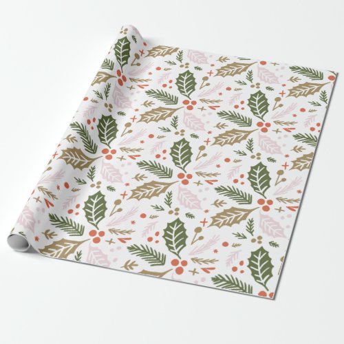 Holly Berry Hand Drawn Colorful Pattern Wrapping Paper
