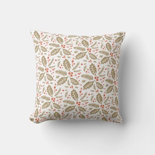 Holly Berry Hand Drawn Illustration Pattern Golden Throw Pillow