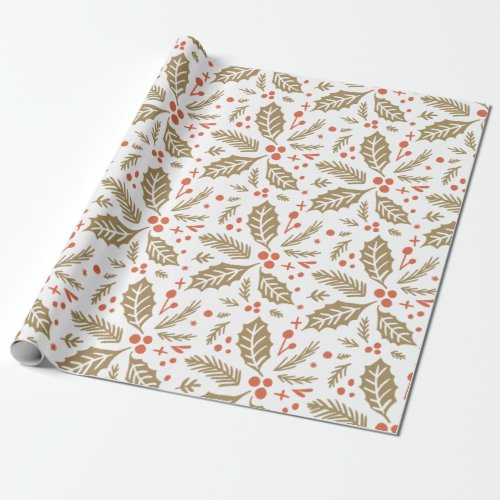 Holly Berry Hand Drawn Illustration Pattern Golden Wrapping Paper