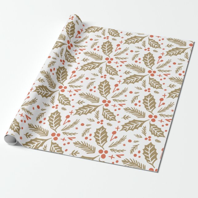Holly Berry Hand Drawn Illustration Pattern Golden Wrapping Paper (Unrolled)