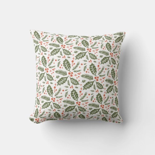 Holly Berry Hand Drawn Illustration Pattern Green Throw Pillow