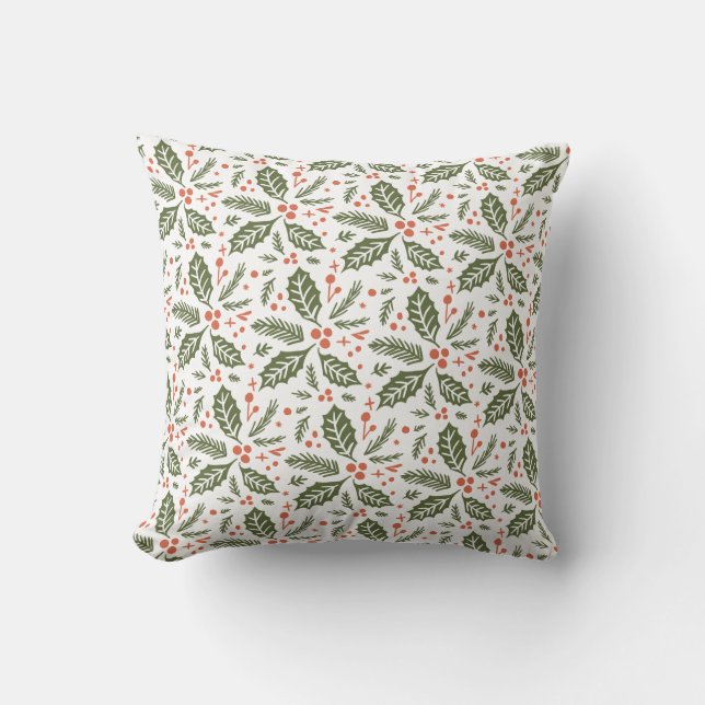 Holly Berry Hand Drawn Illustration Pattern Green Throw Pillow (Front)
