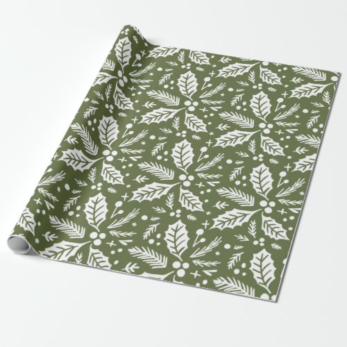Holly Berry Hand Drawn Illustration Pattern Green Wrapping Paper