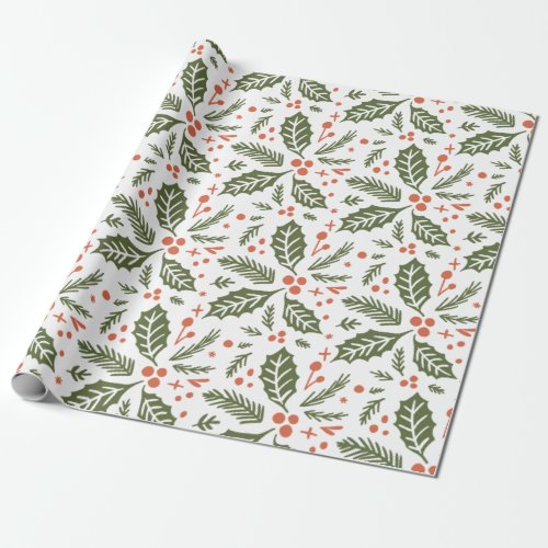 Holly Berry Hand Drawn Illustration Pattern Green Wrapping Paper