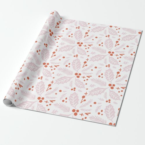 Holly Berry Hand Drawn Illustration Pattern Pink Wrapping Paper