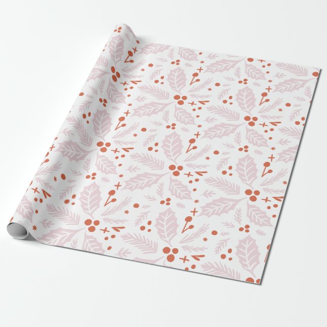 Holly Berry Hand Drawn Illustration Pattern Pink Wrapping Paper (Unrolled)