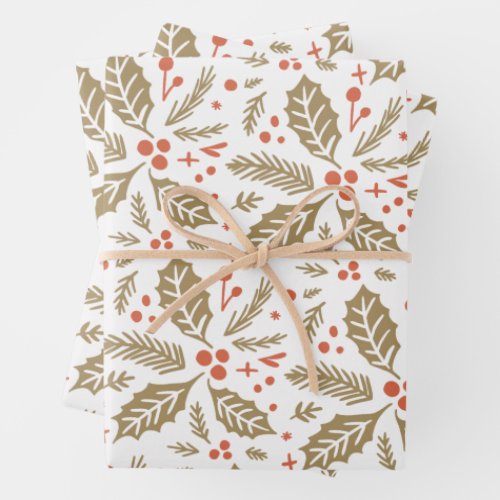 Holly Berry Hand Drawn Multi_color Gold  Red Wrapping Paper Sheets