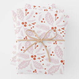 Holly Berry Hand Drawn Multi-color Pink Red Wrapping Paper Sheets