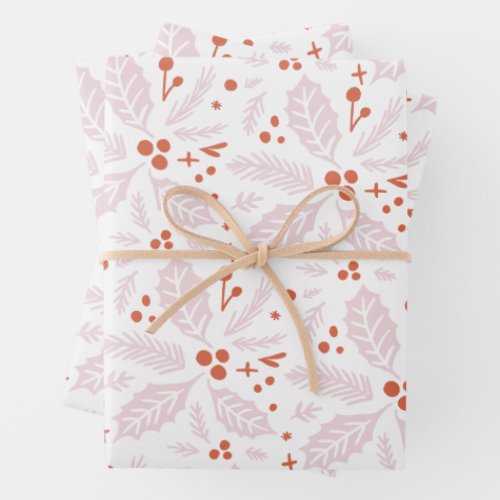 Holly Berry Hand Drawn Multi_color Pink Red Wrapping Paper Sheets