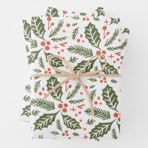 Holly Berry Hand Drawn Multi_color Red and Green Wrapping Paper Sheets