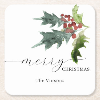 Holly Berry Holiday  Square Paper Coaster
