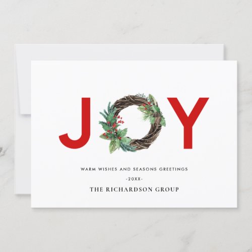 HOLLY BERRY JOY RED WREATH CHRISTMAS CORPORATE HOLIDAY CARD