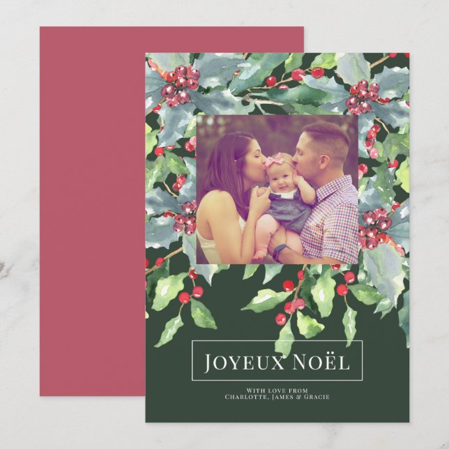 Holly Berry Joyeux Noël Elegant Christmas Card (Front/Back)
