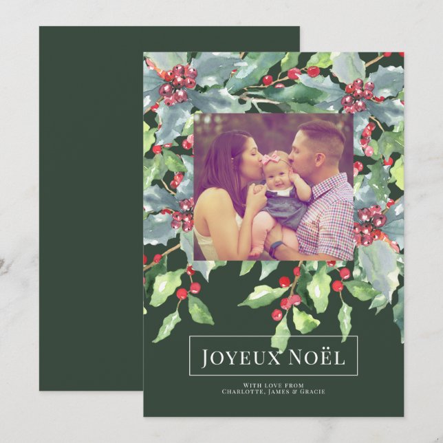 Holly Berry Joyeux Noël Elegant Christmas Card (Front/Back)