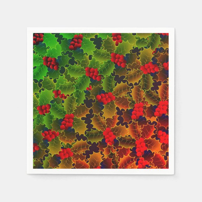 Holly berry leaf glowing winter red green hearth napkins (Front)