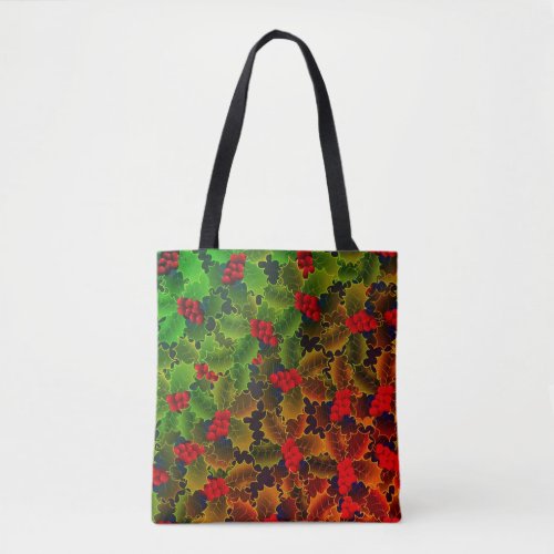 Holly berry leaves glowing winter hearth green red tote bag