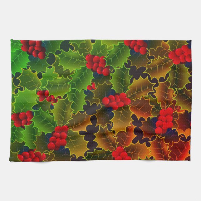Holly berry leaves glowing winter hearth red green kitchen towel (Horizontal)