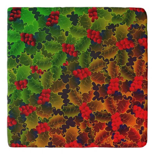 Holly berry leaves glowing winter hearth red green trivet
