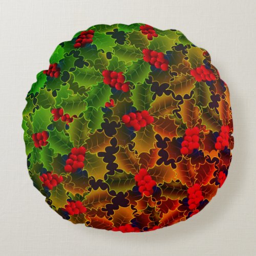Holly berry leaves red green glowing winter hearth round pillow