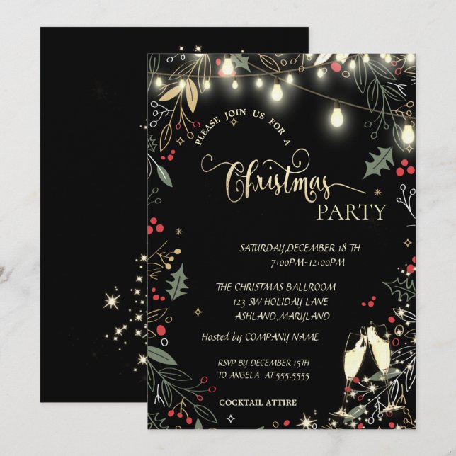Holly Berry,Lights, Glass Company Christmas Party Invitation (Front/Back)