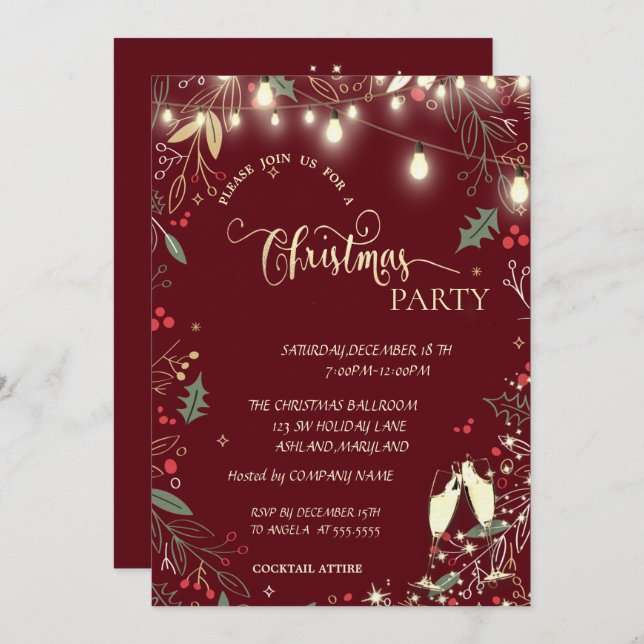 Holly Berry,Lights,Red Company Christmas Party Invitation (Front/Back)
