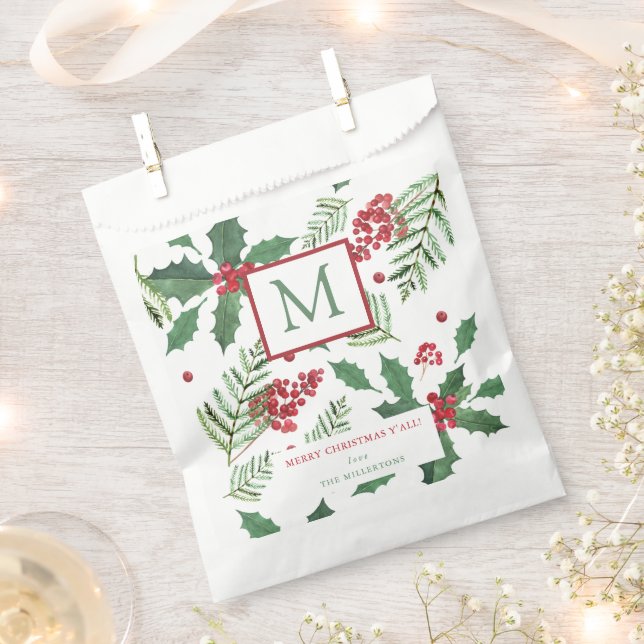 Holly Berry Merry Christmas Monogram Favor Bag (Clipped)