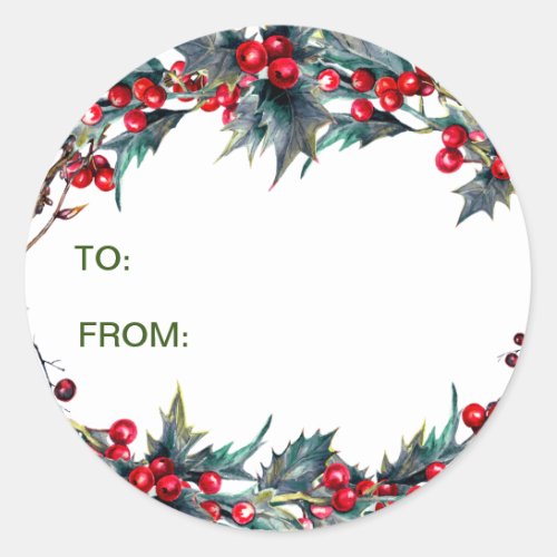 Holly Berry Mistletoe Watercolor Christmas Classic Round Sticker