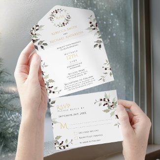 Holly Berry Monogram Christmas Wedding Gold Foil