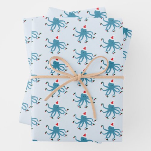 Holly Berry Octopus Santa Hat Animal Christmas Wrapping Paper Sheets