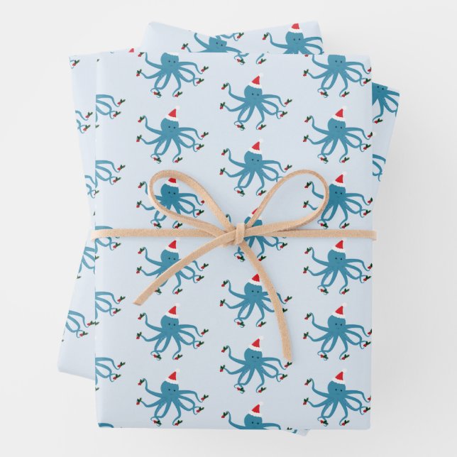 Holly Berry Octopus Santa Hat Animal Christmas Wrapping Paper Sheets (In situ)
