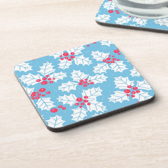 Holly berry on blue beverage coaster (Left Side)