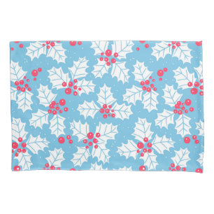 Holly berry on blue pillow case