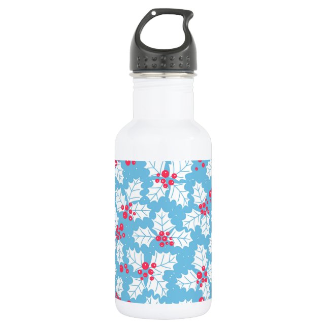 Holly berry on blue stainless steel water bottle (Front)