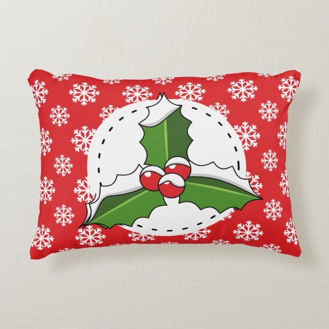 Holly Berry on Red White Snowflakes Pattern Accent Pillow (Front)