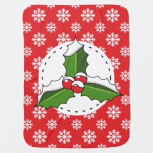 Holly Berry on Red White Snowflakes Pattern Baby Blanket