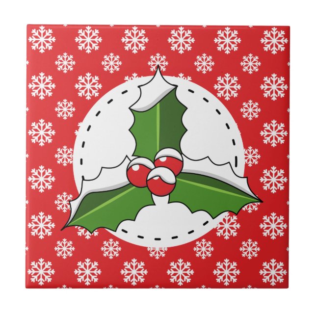 Holly Berry on Red White Snowflakes Pattern Ceramic Tile (Front)