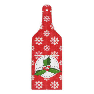Holly Berry on Red White Snowflakes Pattern Cutting Board
