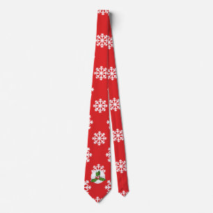 Holly Berry on Red White Snowflakes Pattern Neck Tie