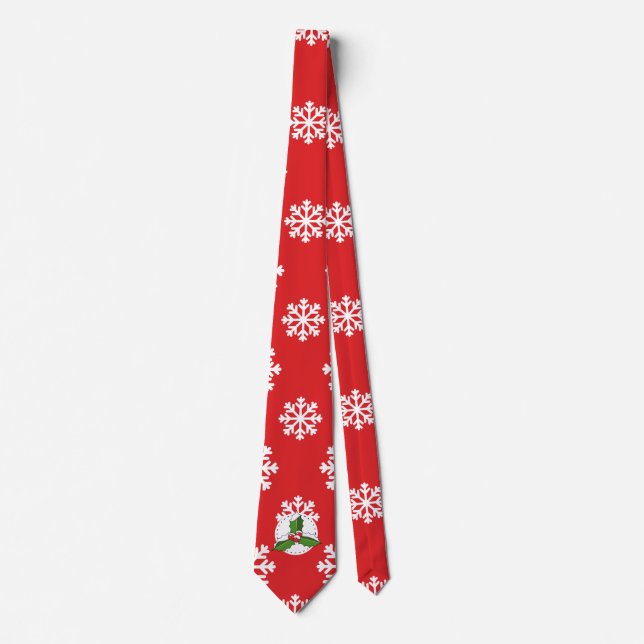 Holly Berry on Red White Snowflakes Pattern Neck Tie (Front)