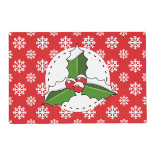 Holly Berry on Red White Snowflakes Pattern Placemat