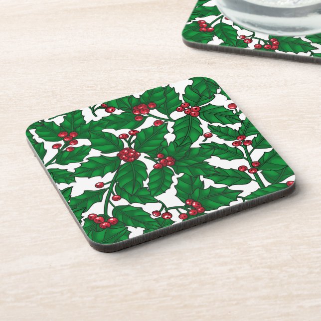 Holly berry on white beverage coaster (Left Side)
