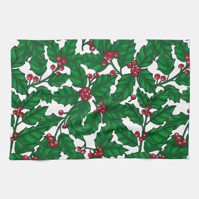 Holly berry on white kitchen towel (Horizontal)