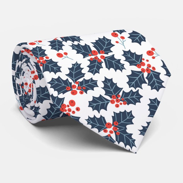 Holly berry on white neck tie (Rolled)