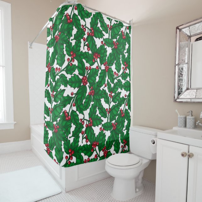 Holly berry on white shower curtain (In Situ)